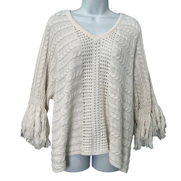 CAbi Cream Ivory Fringe Fiesta Poncho Open Knit Half Sleeve Sweater Top size M - Picture 1 of 12